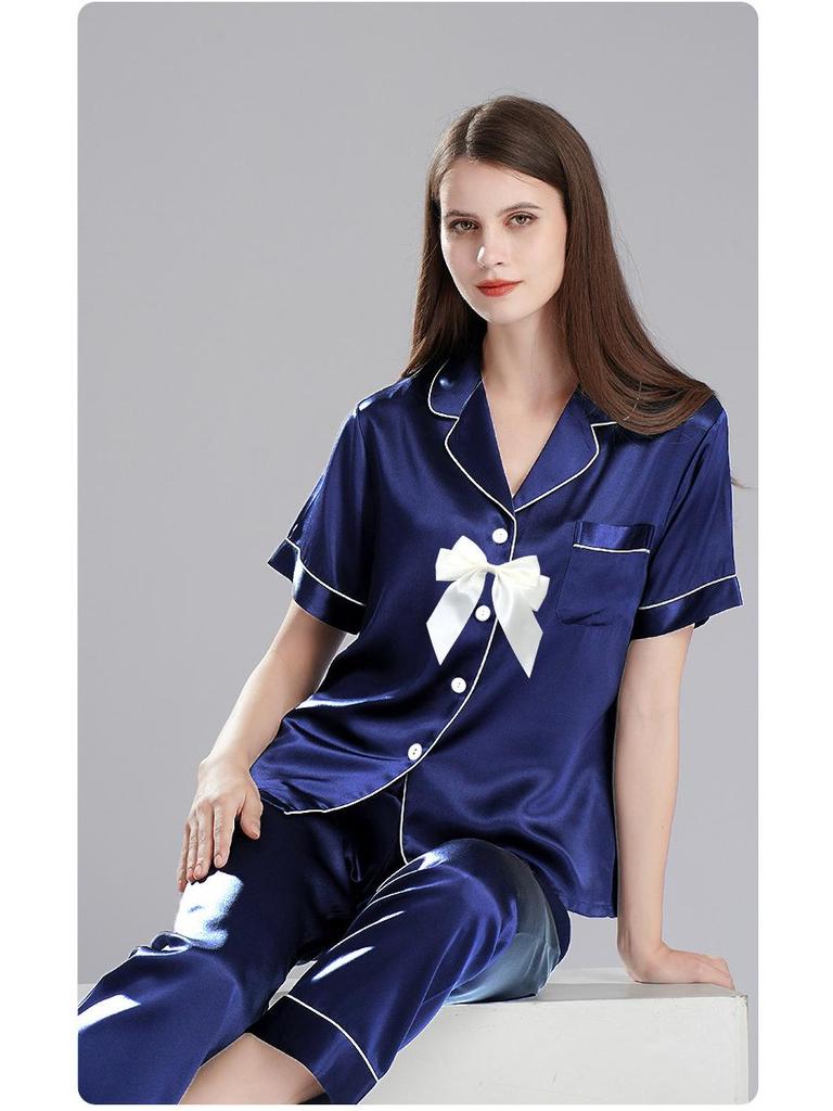 Girls' Imitation Silk Pajama Set - Short Sleeve Top & Long Pants, Lapel Design, Spring/Summer Homewear