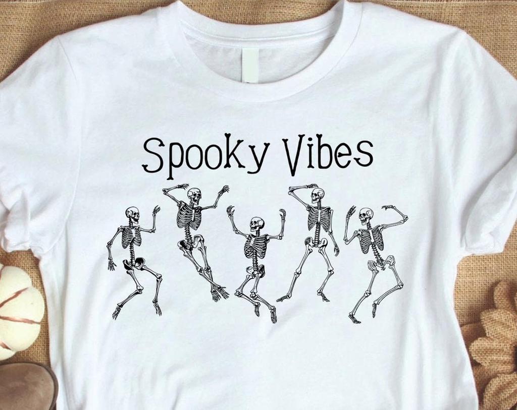 Spooky Vibes Shirt, Dancing Skeleton Halloween T-Shirt, Skeleton Shirt, Cute Fall Sweatshirt, Gift for Her, Halloween Costume Party Outfit