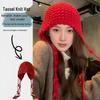 Women's Red Ethnic Tassel Hat - Winter Handmade Knitted Wool, Small-Face Retro Fashion