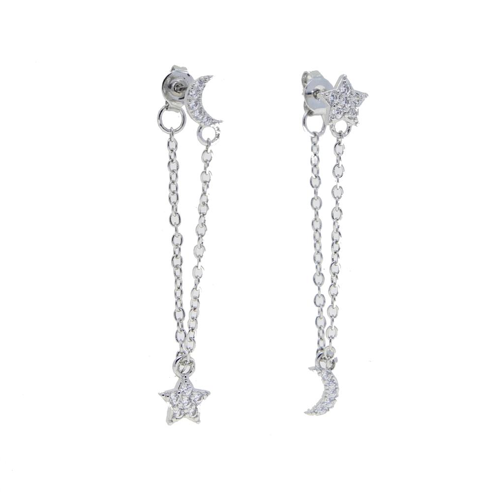 Delicate Moon and Star Link Chain Dangle Stud Earring Jewelry for Women Long Tassel Chain Link Moon&Star Paved CZ Earring