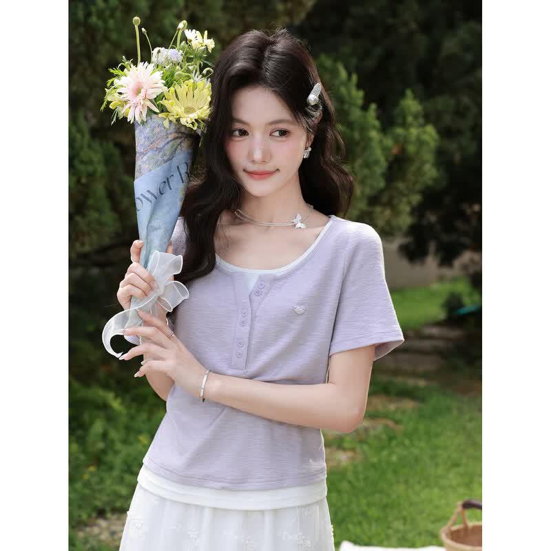 Women s Faux Two-Piece Short Sleeve T-Shirt M