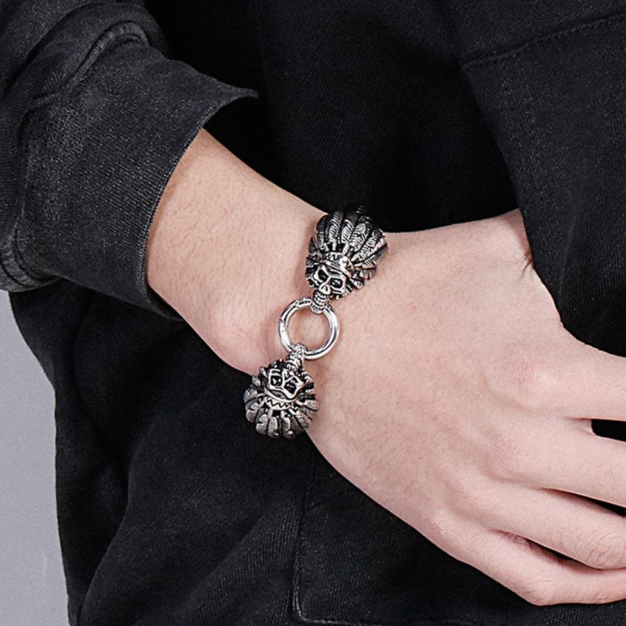 Gothic Punk Style Double Skull Head Bracelet for Men Retro Stainless Steel & Braided Leather Men's Wrap Bracelets Jewelry Accessory