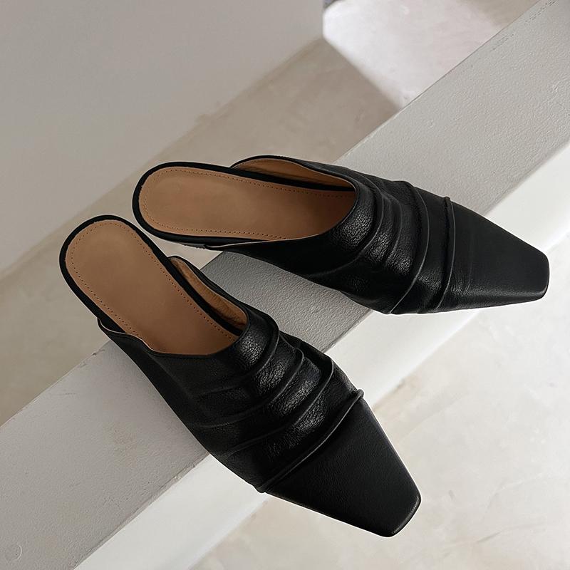 Mode Muller Slipper Damen Pumps Eckige Zehenpartie Echtes Leder Slipper Frühling Sommer Prägnant Lässige Arbeitsschuhe Frau Neuankömmling