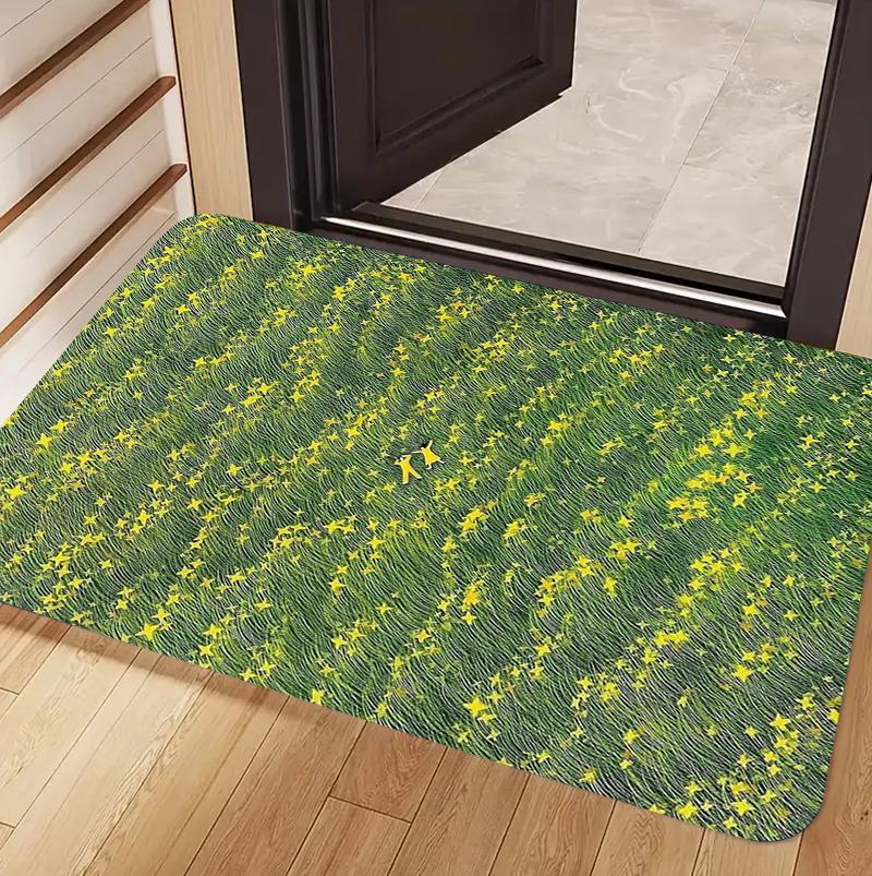 Impressionist Floral Meadow Doormat Carpet Rug Daisy Wildflower Rabbit Pattern Non Slip Decorative Floor Mat for Home Entryway