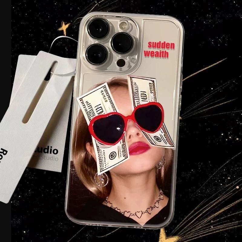 Y2K Aesthetic Sudden Wealth Money Girl Clear Phone Case, Cool Retro Baddie Shockproof Soft Protective Cover for iPhone