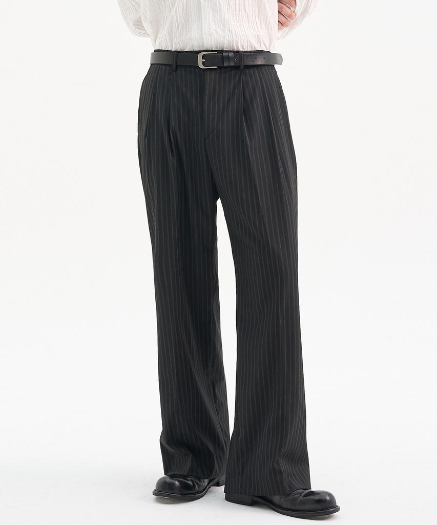 TRIP LE SENS Light Double-Pleat Wide Slacks_Stripe Gray