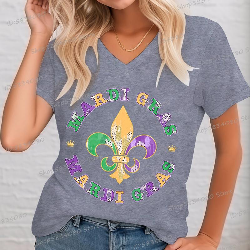 Womens T Shirt Vintage Mardi Gras Fleur Print Short Sleeve V Neck Tshirt Classics Festival Carnival Party FeUnisex MardiGras Tee