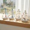 Mediterranean Wooden Sailboat Ornament Handcrafted Coastal Nautical Shelf Decor With Starfish Seagull Fishing Net Sails 2 Styles