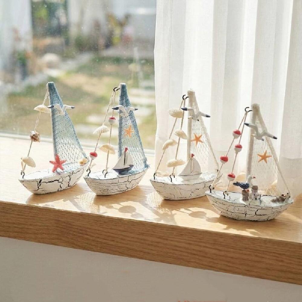 Mediterranean Wooden Sailboat Ornament Handcrafted Coastal Nautical Shelf Decor With Starfish Seagull Fishing Net Sails 2 Styles