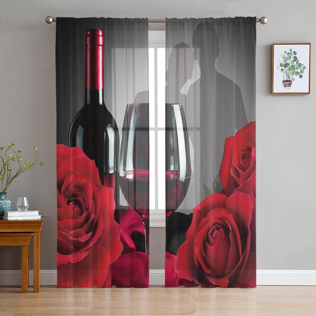 Red Wine Wine Bottle Wine Glass Sheer Tulle Window Curtains For Living Room Bedroom Kitchen Veiling Curtain Home Decoration