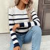 Women's Crew Neck Sweater, Striped, Button-Front, Long Sleeve, Slim Fit for Fall and Winter