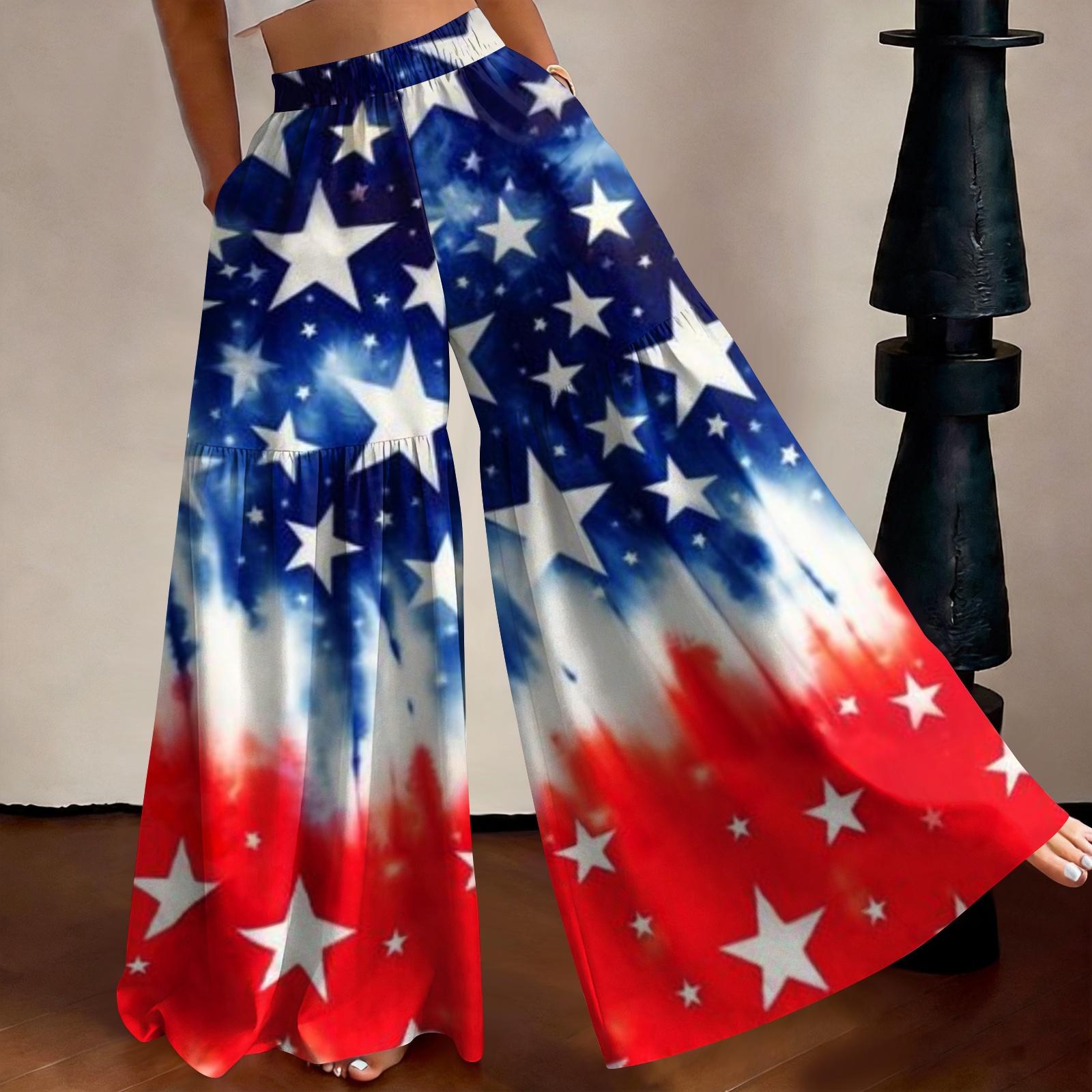 

Women High Waist Wide Leg Pants Loose Fit Lightweight Flowing Fabric Casual Long Trousers with Independence Day Themed Print for Everyday Wear M