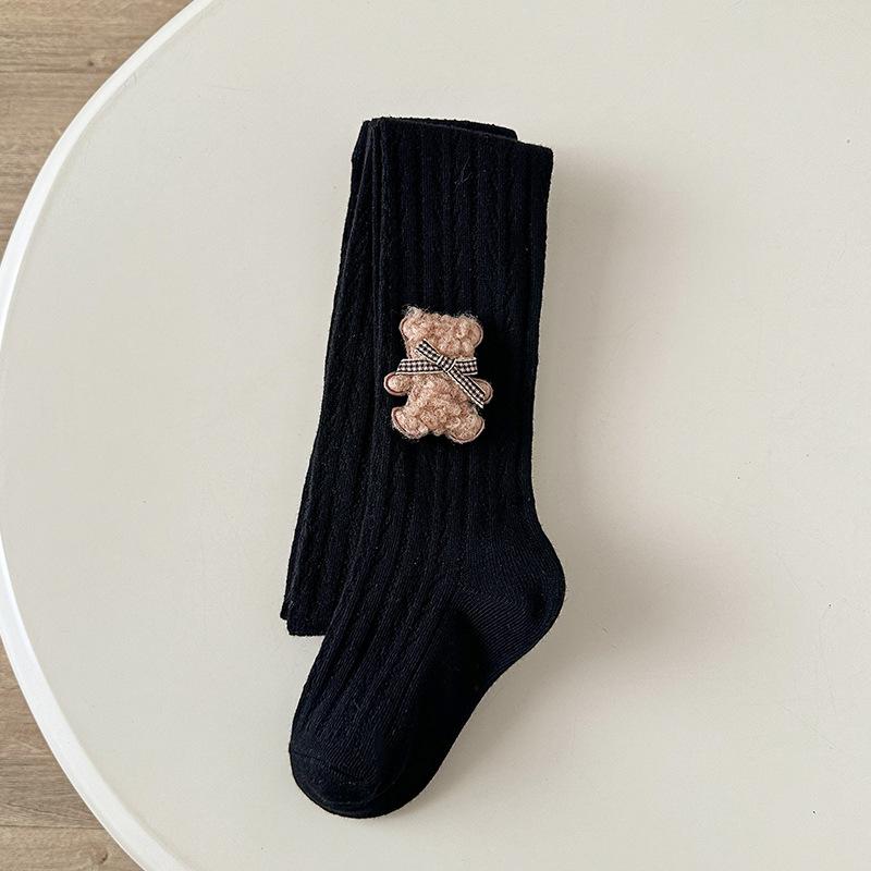 

25 Spring Children S Cartoon Bear Pantyhose Knitted Girls Combed Cotton Twist Striped Leggings xxl recommended height 130-140cm чорний