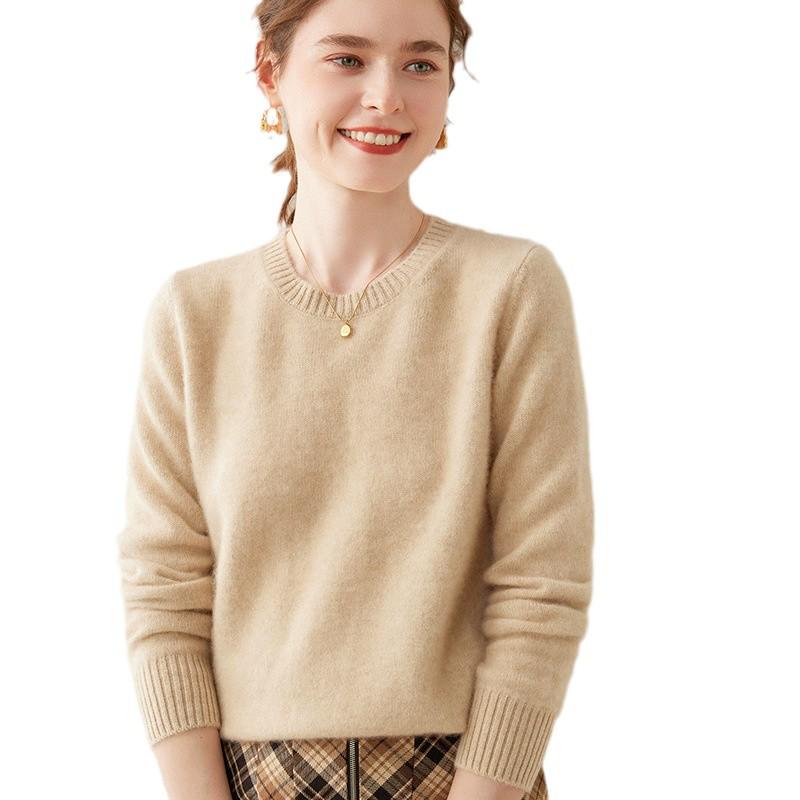 2024 Autumn/Winter Women's Round Neck Cashmere Sweater - Solid Color, Double Ply, Thick Knit Base Layer