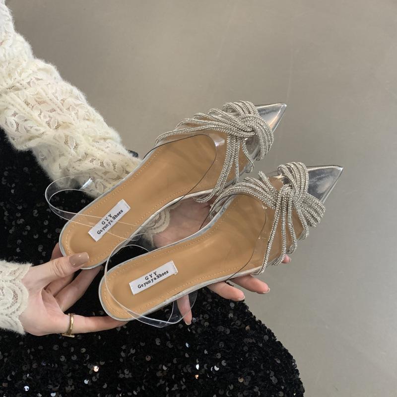 PVC transparent sandals bag head cross rhinestone flat heels 25 spring and summer new rear empty shallow mouth sweet banquet wedding shoes