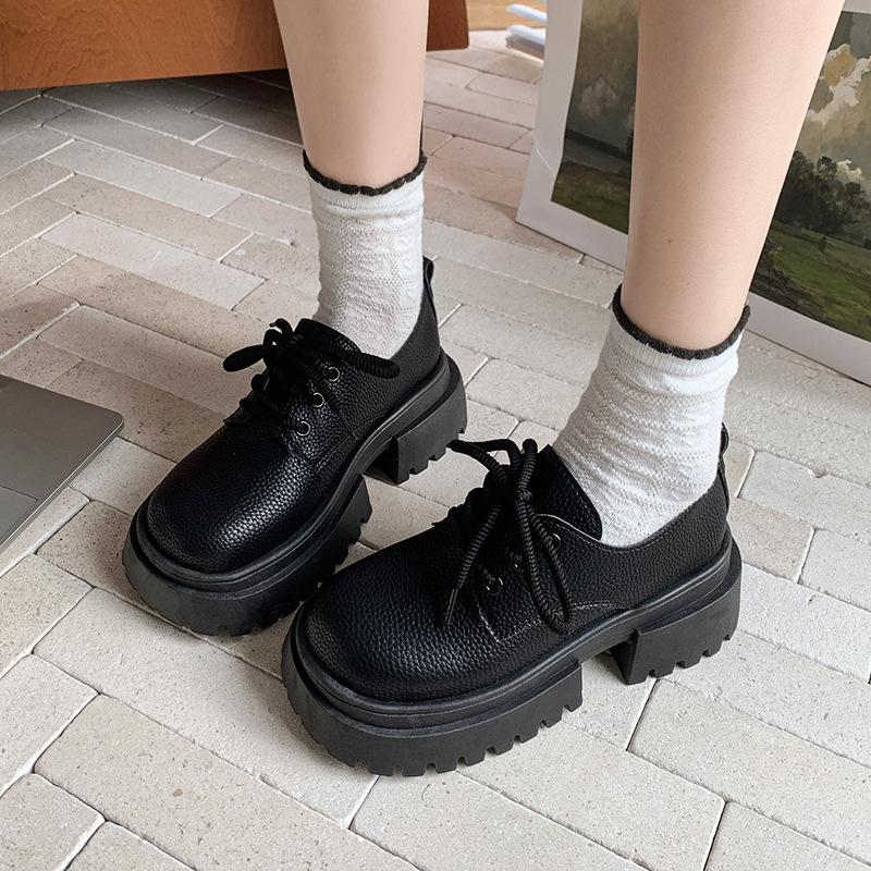 British Style Loafers Women's Spring New Baitie Fashion with Skirt Thick Sole Heightening Korean Version Lace-up Small Leather Shoes