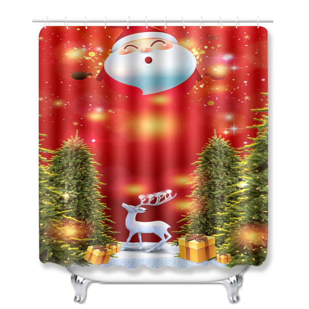 Christmas Waterproof Shower Curtain Floor Mat Four-Piece Set, Bathroom Water-Absorbing Non-Slip Door Mat, Shower Room Water-Absorbing Carpet
