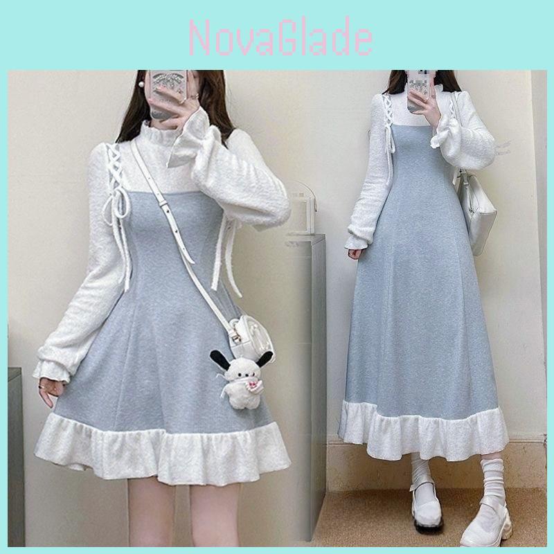 Strickkleid im Vintage-Stil mit Schleife und Zierelementen für lässige Frühlings- und Herbstkleidung