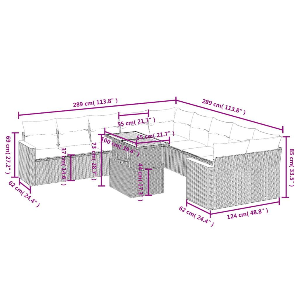 Vidaxl 11-Cz. Garden Furniture Set With Cushions, Grey Rattan Pe