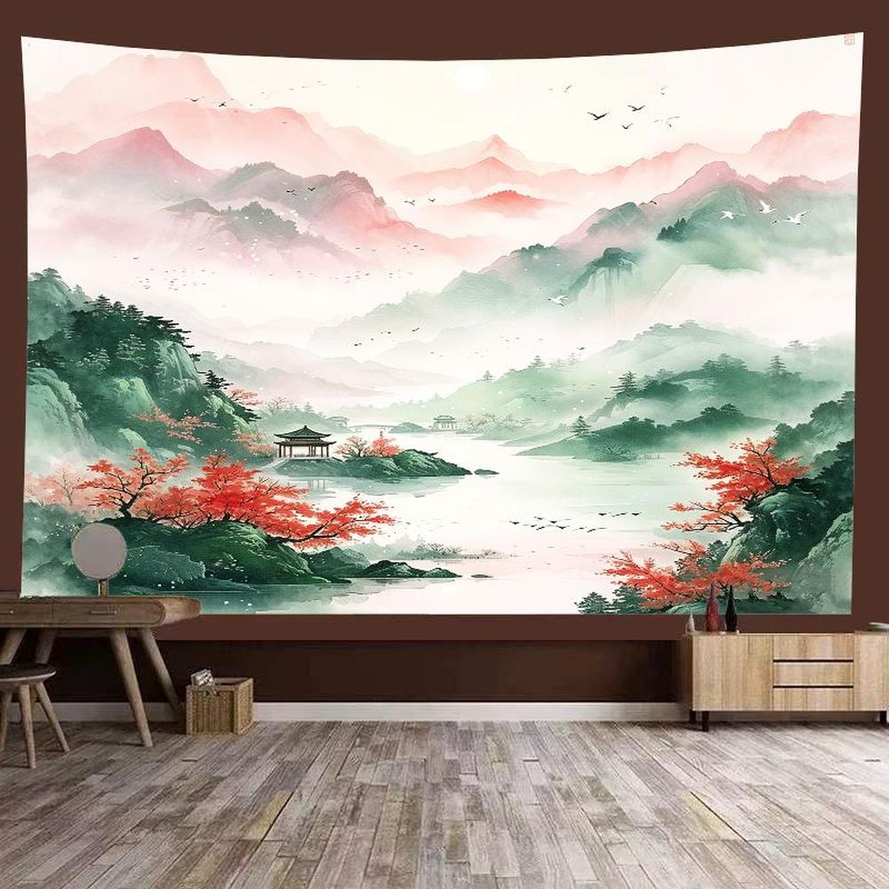 Chinese Landscape Tapestry, Blue Pagoda Mountain Waterfall Zen Living Room Decor