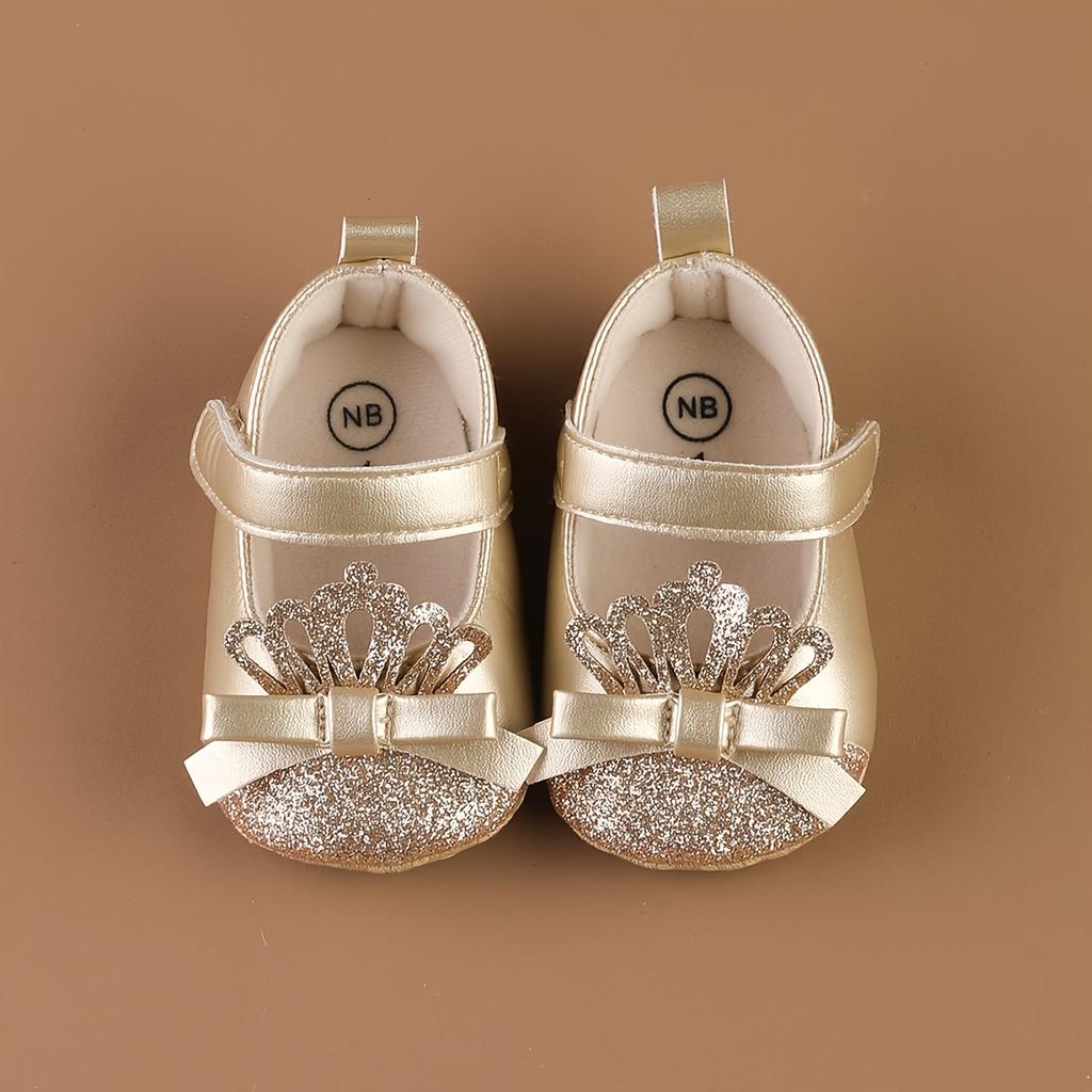 Flat Crown-Patterned Princess Shoes for Newborn Girls Aged 0-1, Featuring a PU Butterfly Knot And Glittery Design, Perfect for Spring And Summer