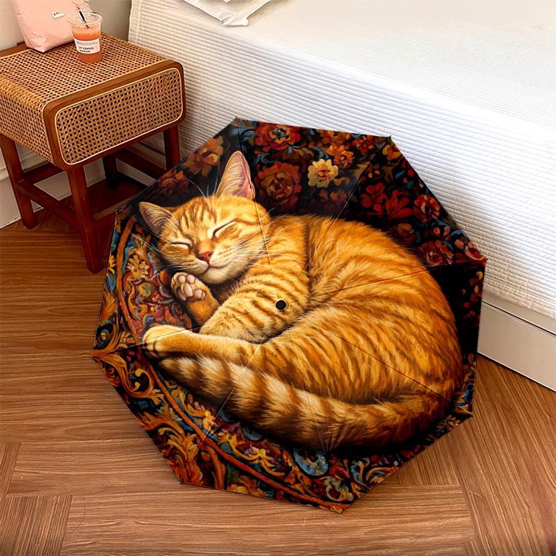 1 PC Automatic Folding Umbrella - Sleeping Orange Cat Pattern, Portable & Foldable Design with 8 Ribs, Christmas Birthday Gifts