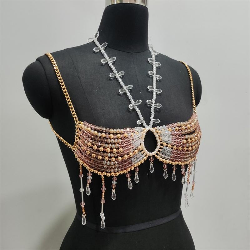 Fashionable Pearls Crystal Tassels Bralette Body Chain for Women’s Beachwear Beaded Body Jewelry Harness Bustier Bra Top