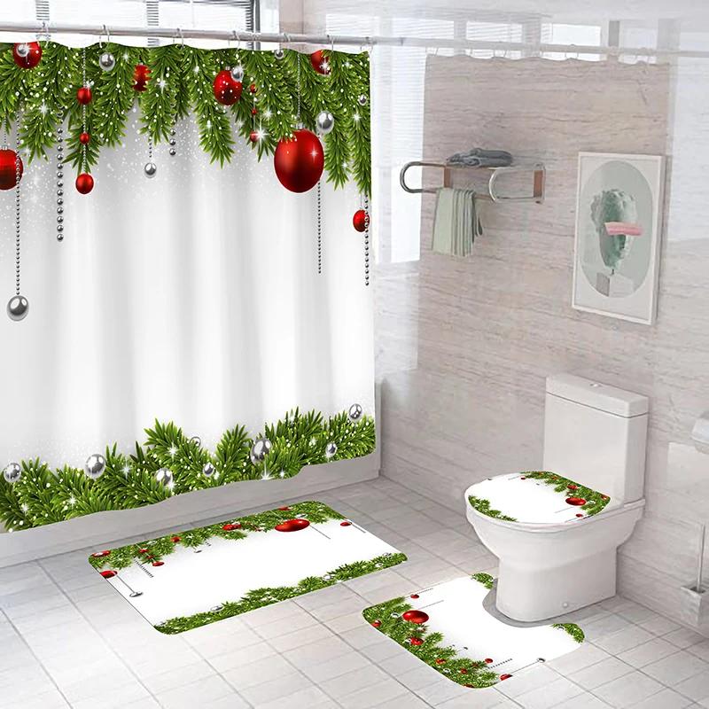 

New Christmas Ball Shower Curtain Set Christmas Bath Mat Set Carpet Toilet Cover Bath Mat Room Set Decoration Non-Slip Carpet W60H190(CM)-1 Pcs