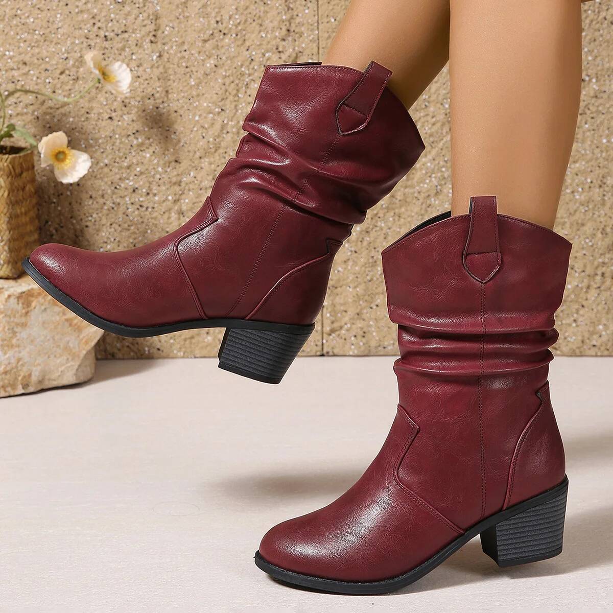 Женские ботильоны в стиле вестерн ковбойские полусапоги каблук дизайн со складками стиль слипоны модные полусапоги ковбойские сапоги 36 8836₽