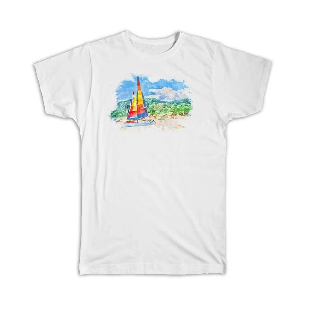 Gift T-Shirt : Watercolor Scenary Sail Boat Frame M