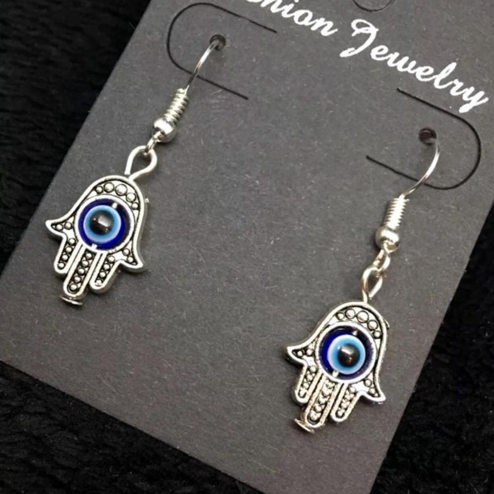 New Gothic Charm Sliver Color Fatima's Hand Turkish Blue Eyes Devil's Eye Dangle Earrings for Women Men Halloween Amulet Jewelry