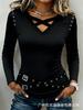 Women V Neck Crisscross Cutout Long Sleeve Top Eyelet Belt Decor Slim Fit Casual T Shirt Blouse