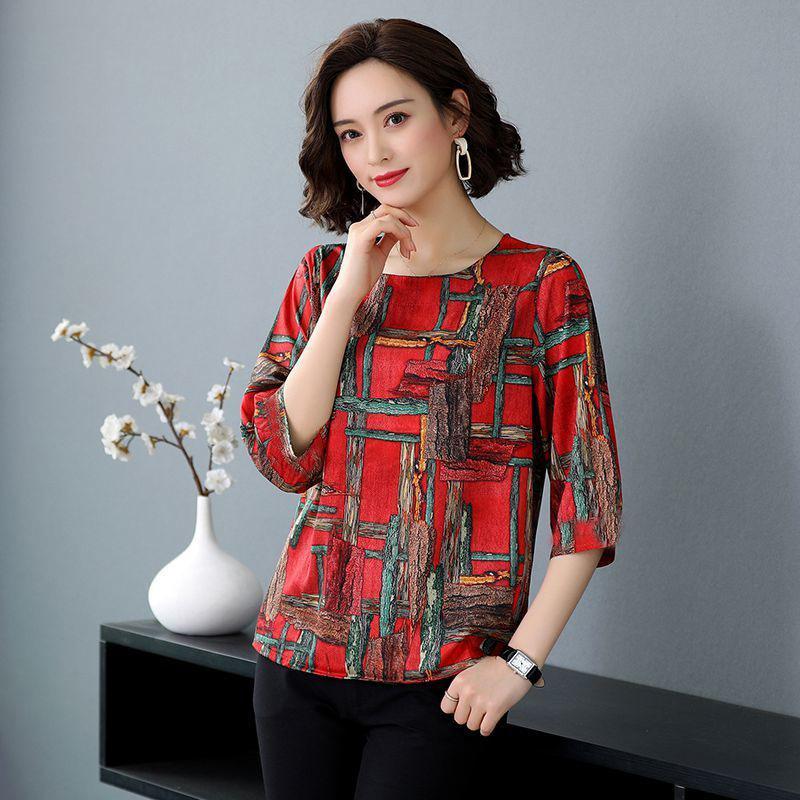 

Женская одежда больших размеров на весну и лето, ретро-футболка с рукавами-пятью, женская рубашка-топ из искусственного шелка со средними рукавами XS красный