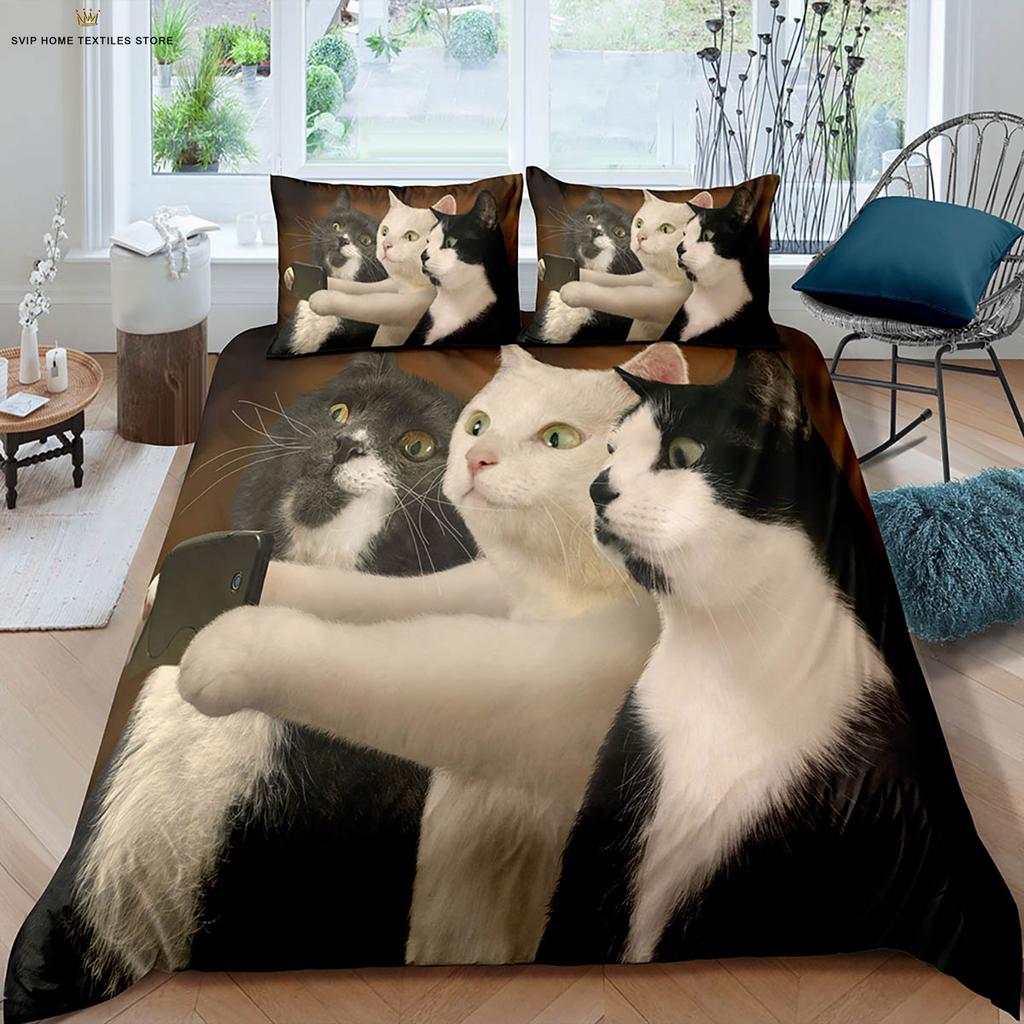 Cute Cat Constellation 3D Stereo Printing Quilt Cover Bedding Set Quilt Cover Pillowcase Machine Washable Gift Three-Piece Set