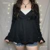 Women's Cross Neck Long Sleeve Loose Fit Solid Color Lace Trim T-Shirt Casual