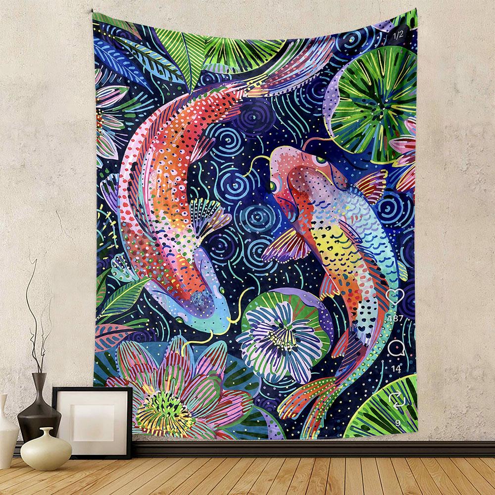 Colorful Koi Fish and Lotus Pond Design Patterned tapestry home decor, suitable for bedroom and living room, gift