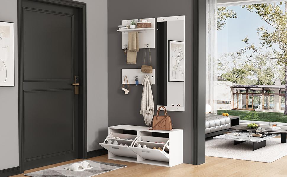 90*30*41.5cm 4-Piece Coat Rack Set with Mirror, 2 Hat Shelves and Shoe Cabinet, Compact Coat Rack with 6 Coat Hooks, White