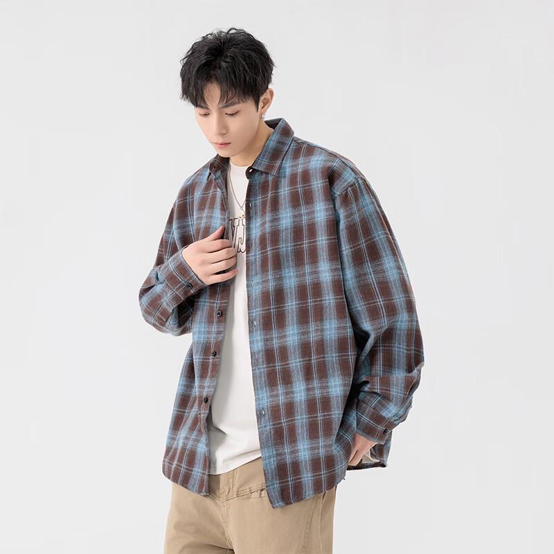 MEDE Men's Casual Color-Block Plaid Loose Fit Long Sleeve Shirt Jacket