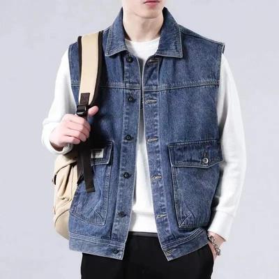 Men's Spring and Autumn Vintage Washed Denim Vest Youth Loose Casual Multi-Pocket Sleeveless Jacket