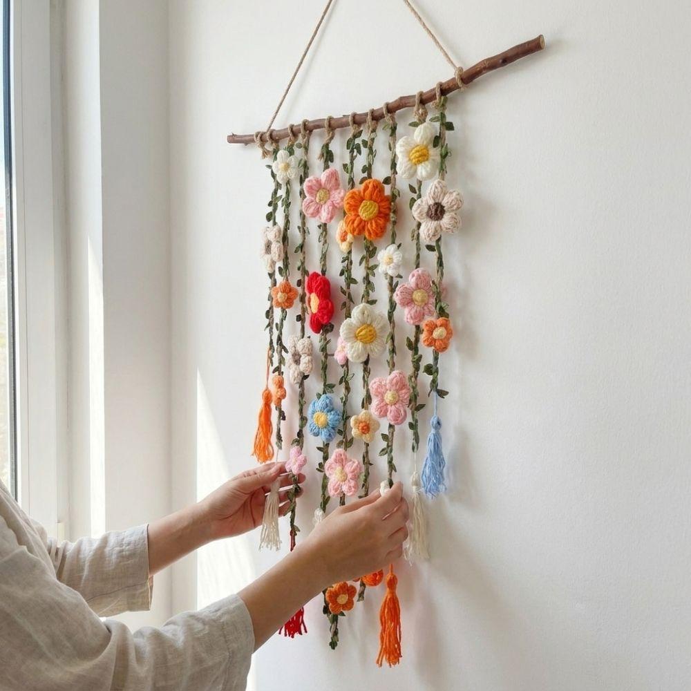 Natural Wooden Branch Crochet Floral Vine Wall Hanging  Bedroom Wall Art