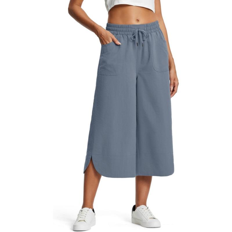 Women's Spring Summer Elastic Waist Wide Leg Loose Casual Capri Pants