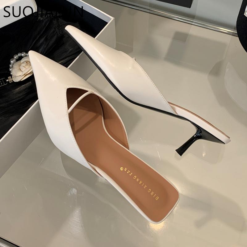 Fashion SUOJIALUN 2025 New Brand Women Slipper Fashion Shallow Slip On Ladies Elegant Mules Shoes Thin High Heel Dress Slides Pumps Shoe