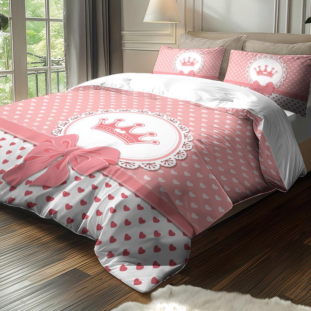 3-teiliges charmantes rosa Schleifenmuster bedrucktes Bettwäscheset, 1*Bettbezug+2*Kissenbezug, für Teenager- und Erwachsenenschlafzimmer, Geburtstagsgeschenk