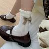 Female Spring and Autumn Sweet Three Dimensional Relief Bow Cream White Boneless Tube Pile Socks