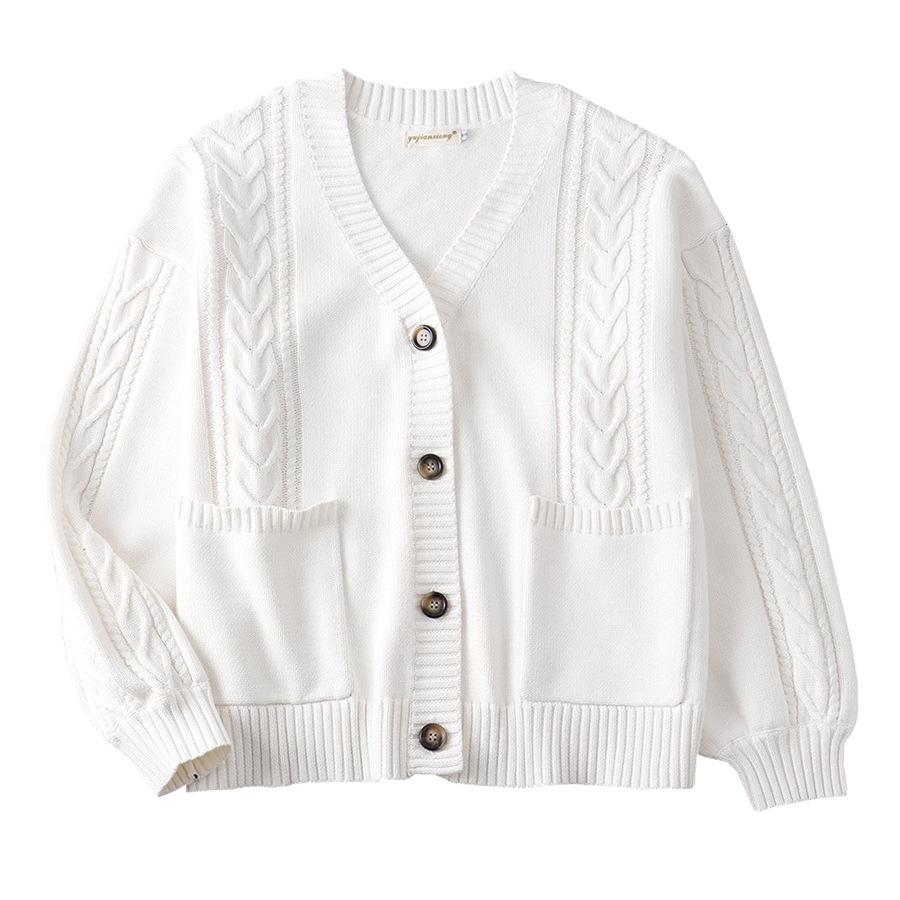 Women's Japanese JK Cable Knit Cardigan V Neck Long Sleeve Loose Cotton Sweater Coat Multi Color