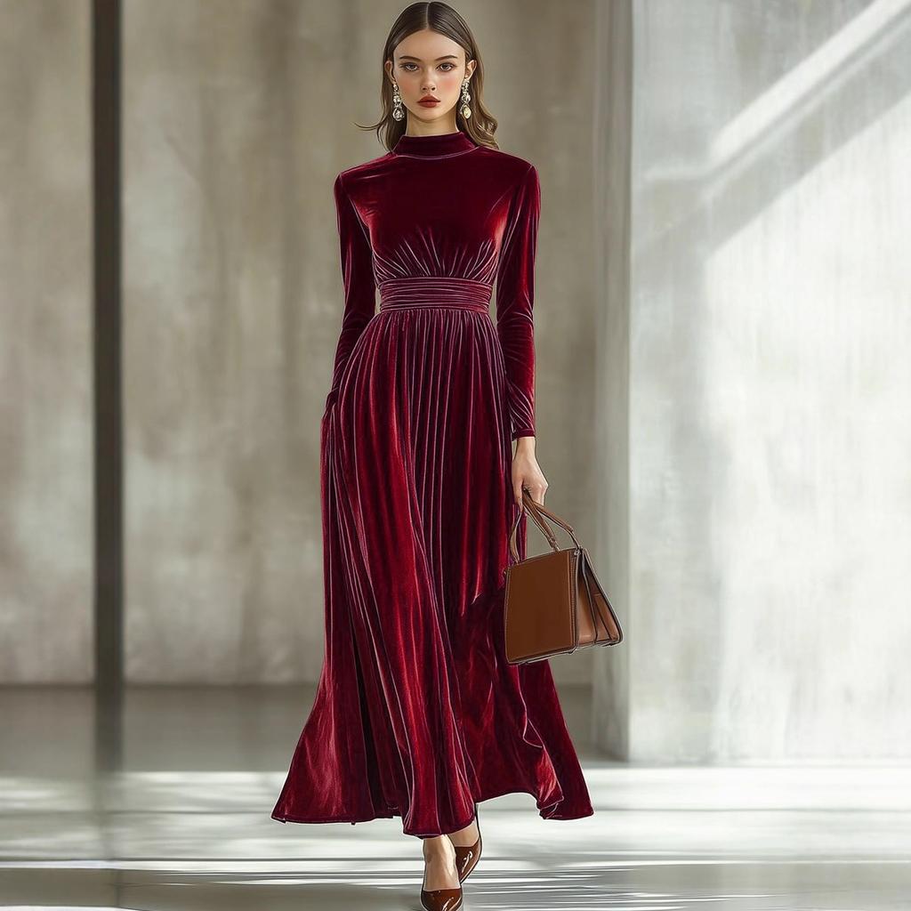 Women's Long Sleeve Velvet Belted Midi Dress with Puff Sleeves