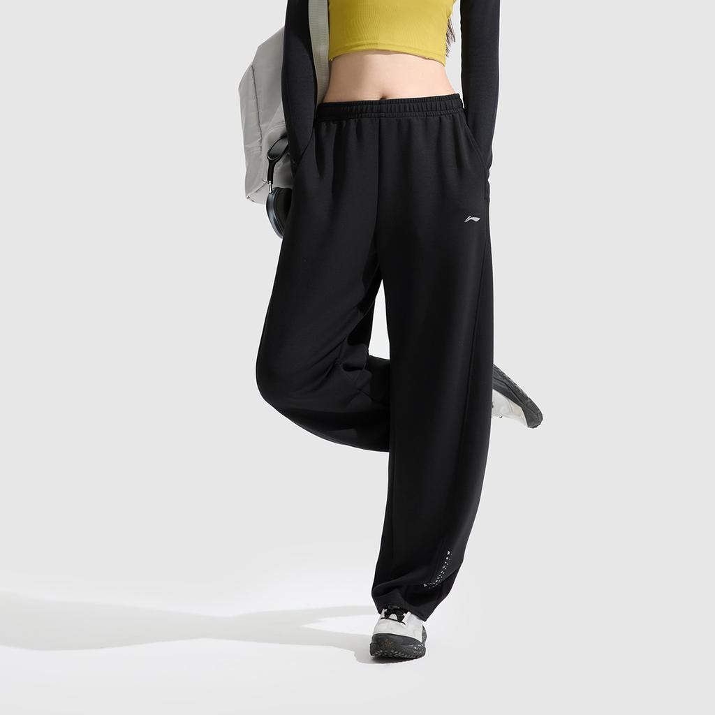 Li-Ning Comfortable Casual Simple Straight Leg Mid Waist Knitted Sports Pants Women Bottoms Black AKLV720-7