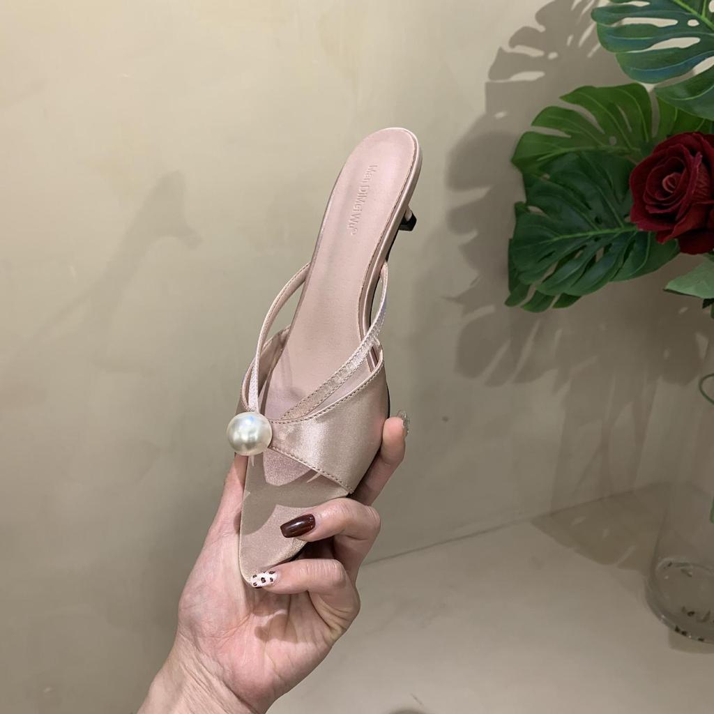 2025 summer new European and American style medium and high stiletto women's slippers pointed toe open toe foot strap wear evening shoes