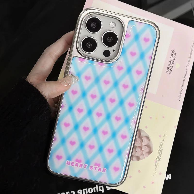 Korean ins plaid love for iPhone Apple 16/17pro mobile phone case 15 water condensation 13 electroplating 14/12