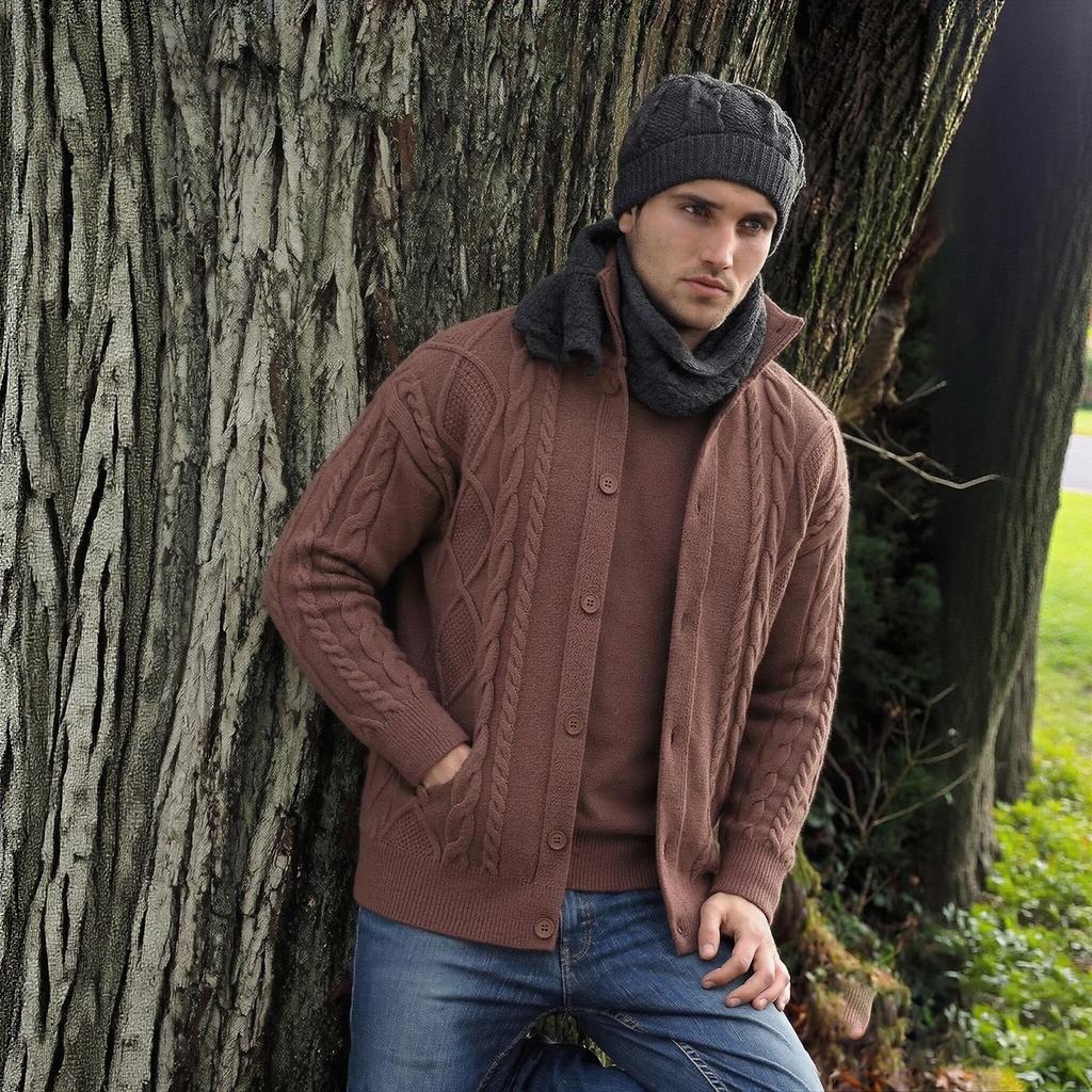 Men's Fall Winter Loose Fit Thick Knit Cardigan Sweater with Lapel Collar for Casual Layering